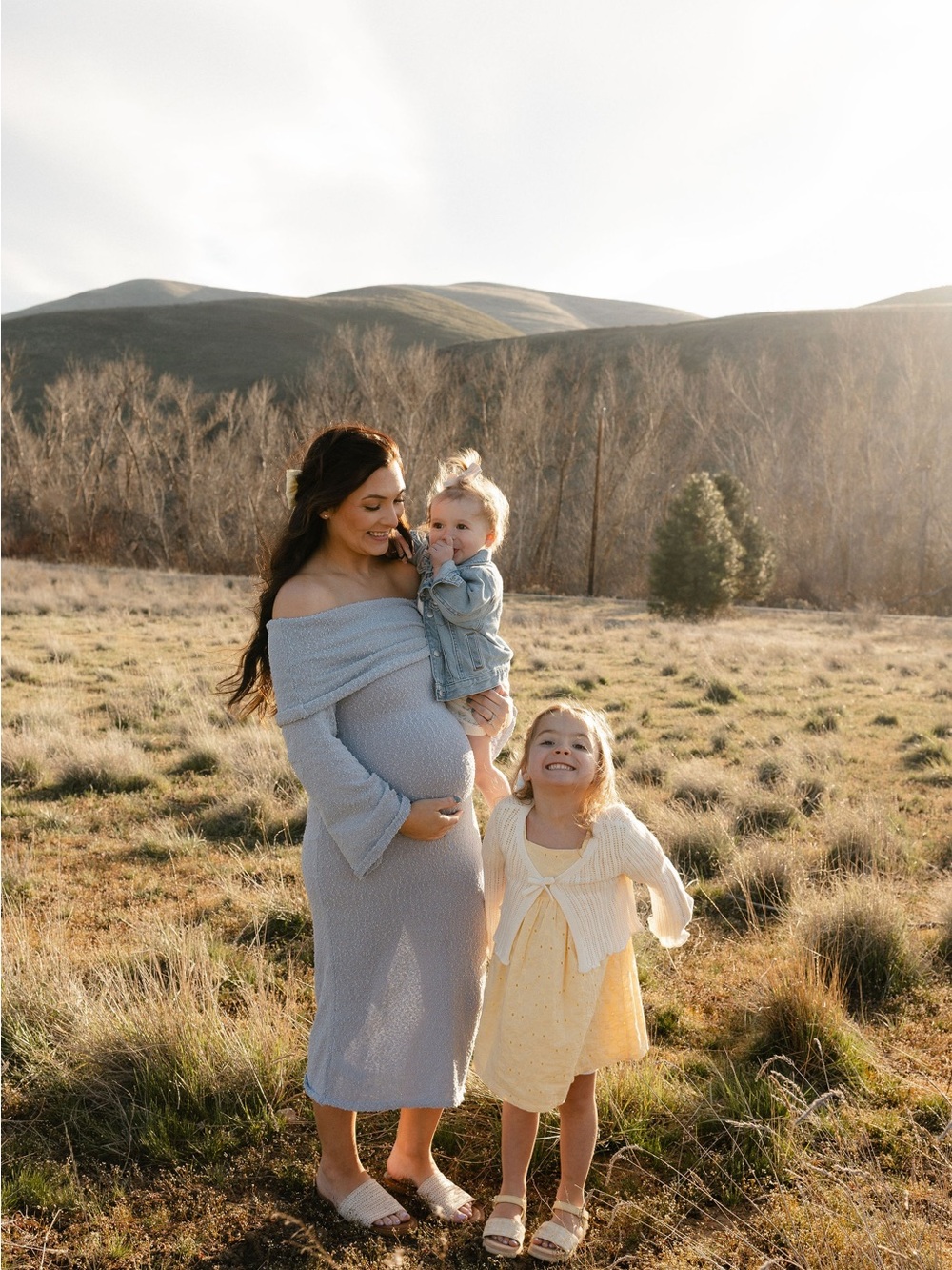 Maternity Off-Shoulder Sheer Knit Maxi Dress in Light Blue